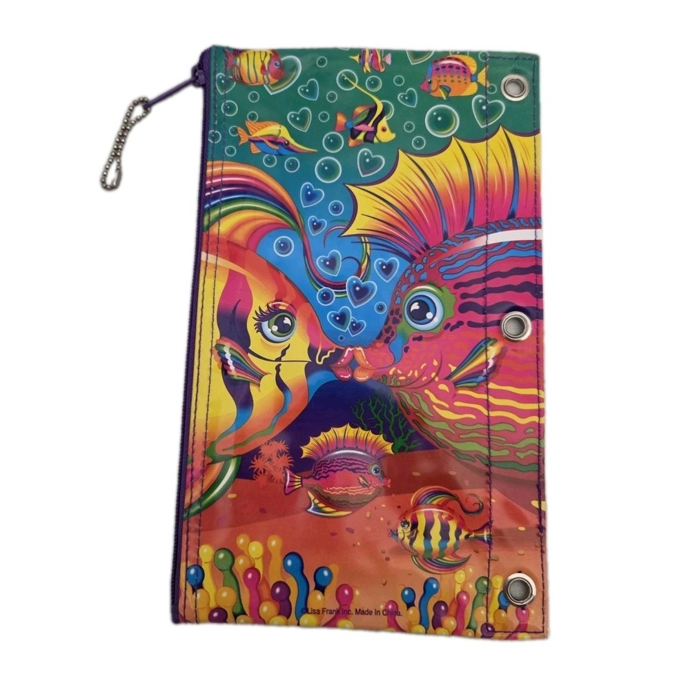 Vtg Lisa Frank Zip Pencil Pouch For 3 Ring Binder Kissing Fish 1990s Rare